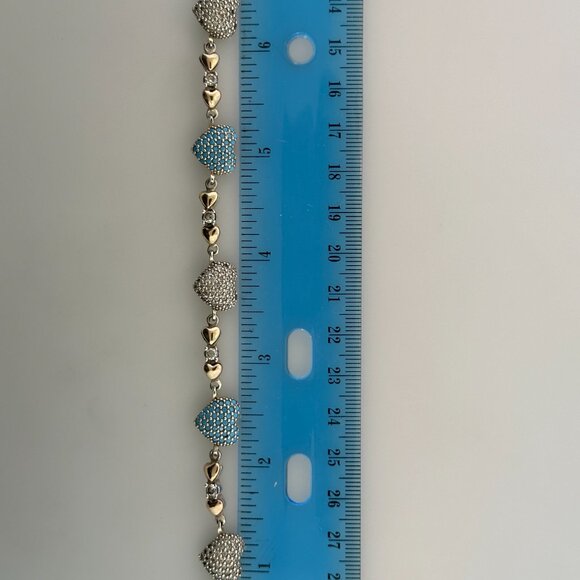 Vintage 925 Sterling Silver Crystal & Turquoise Pavé Clustered Heart Bracelet an - Picture 11 of 12